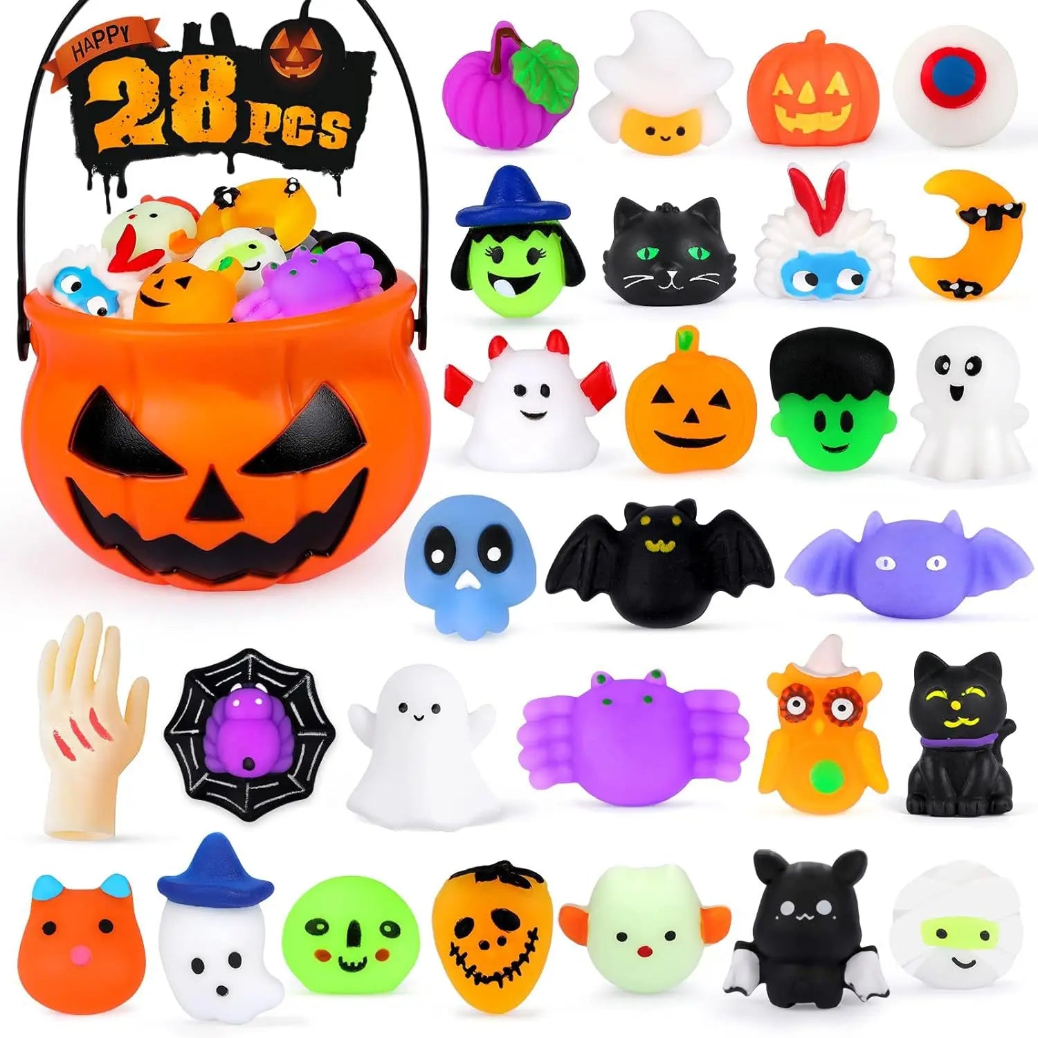 Mochi Squishy Toys with Halloween Pumpkin Bucket Trick or Treat Bucket Bat Skull Broken Hand Squeeze Toy Halloween Decorations