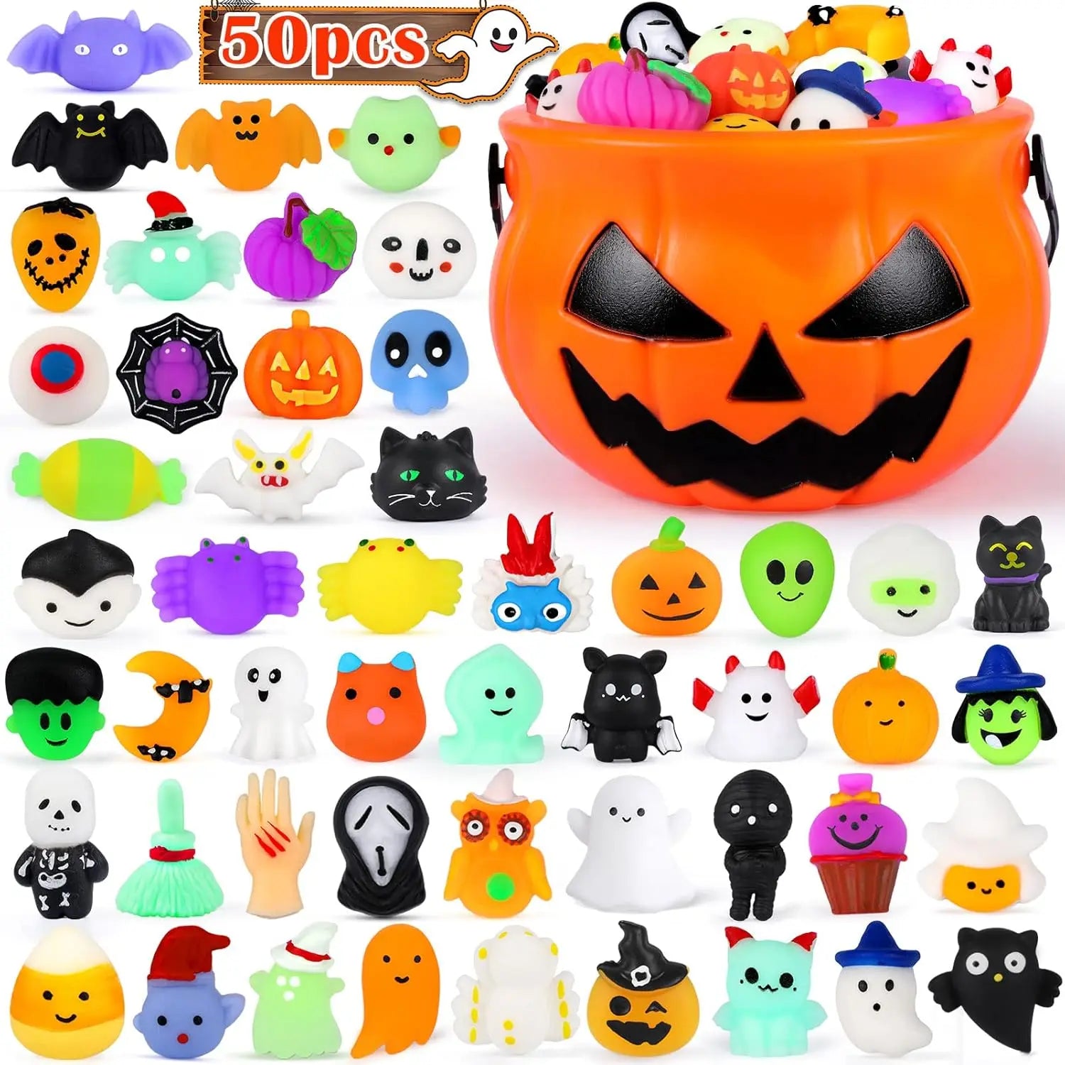 Mochi Squishy Toys with Halloween Pumpkin Bucket Trick or Treat Bucket Bat Skull Broken Hand Squeeze Toy Halloween Decorations